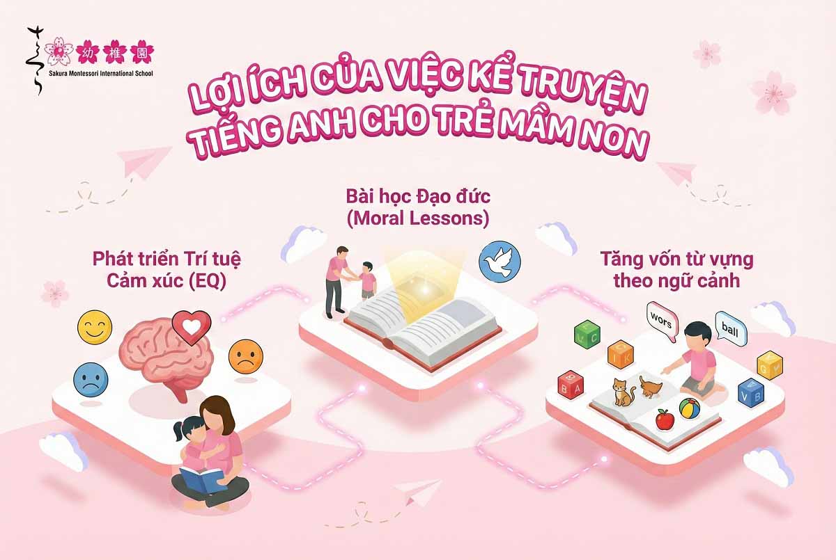 Đọc truyện tiếng Anh cho bé giúp trẻ rèn luyện các kỹ năng nghe, nói, đọc, viết